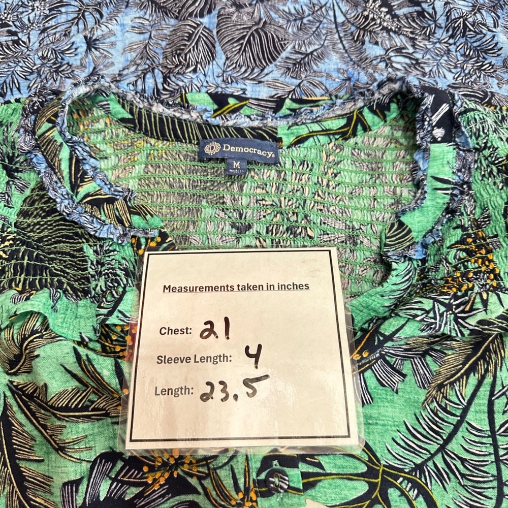 Democracy Tropical Palm Print Smocked Cap Sleeve Top Boho Green Blue Women's M - Picture 9 of 9